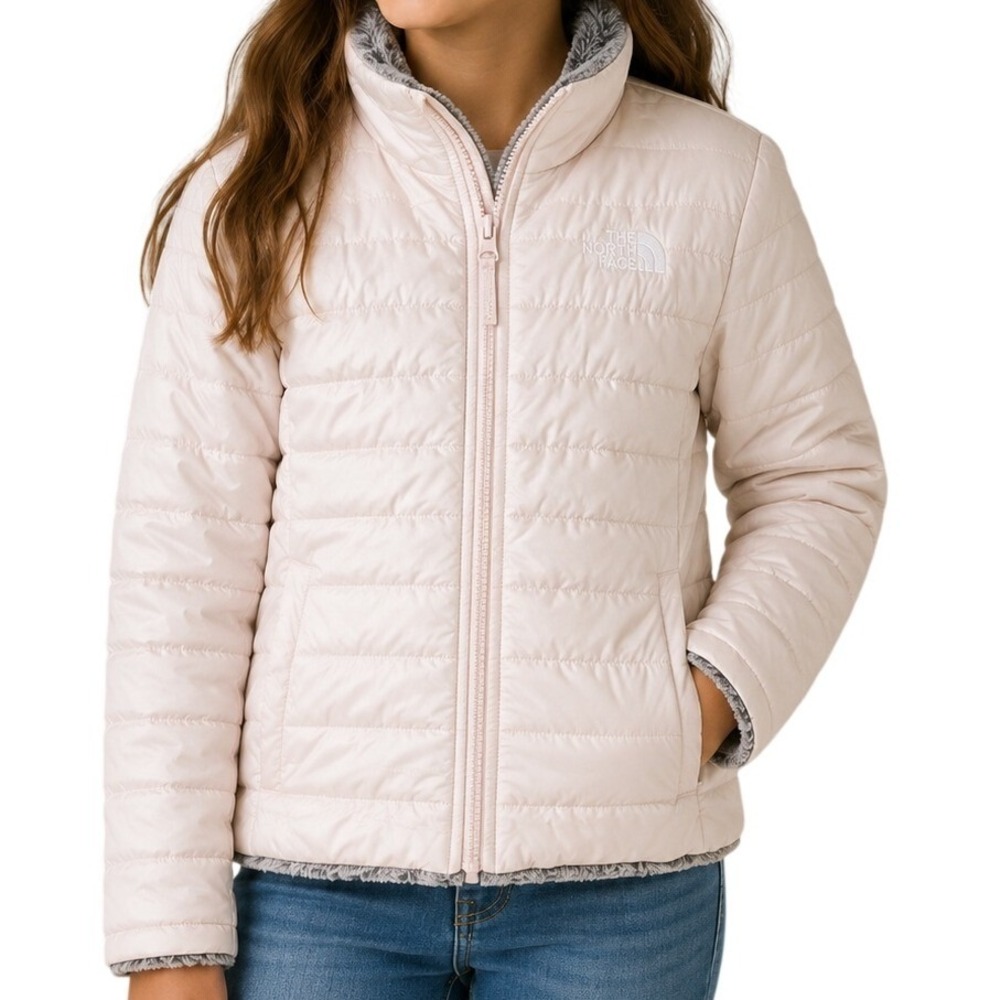 The North Face Light Pink Grey Reversible Mossbud Swirl Jacket Girl's M 10/12